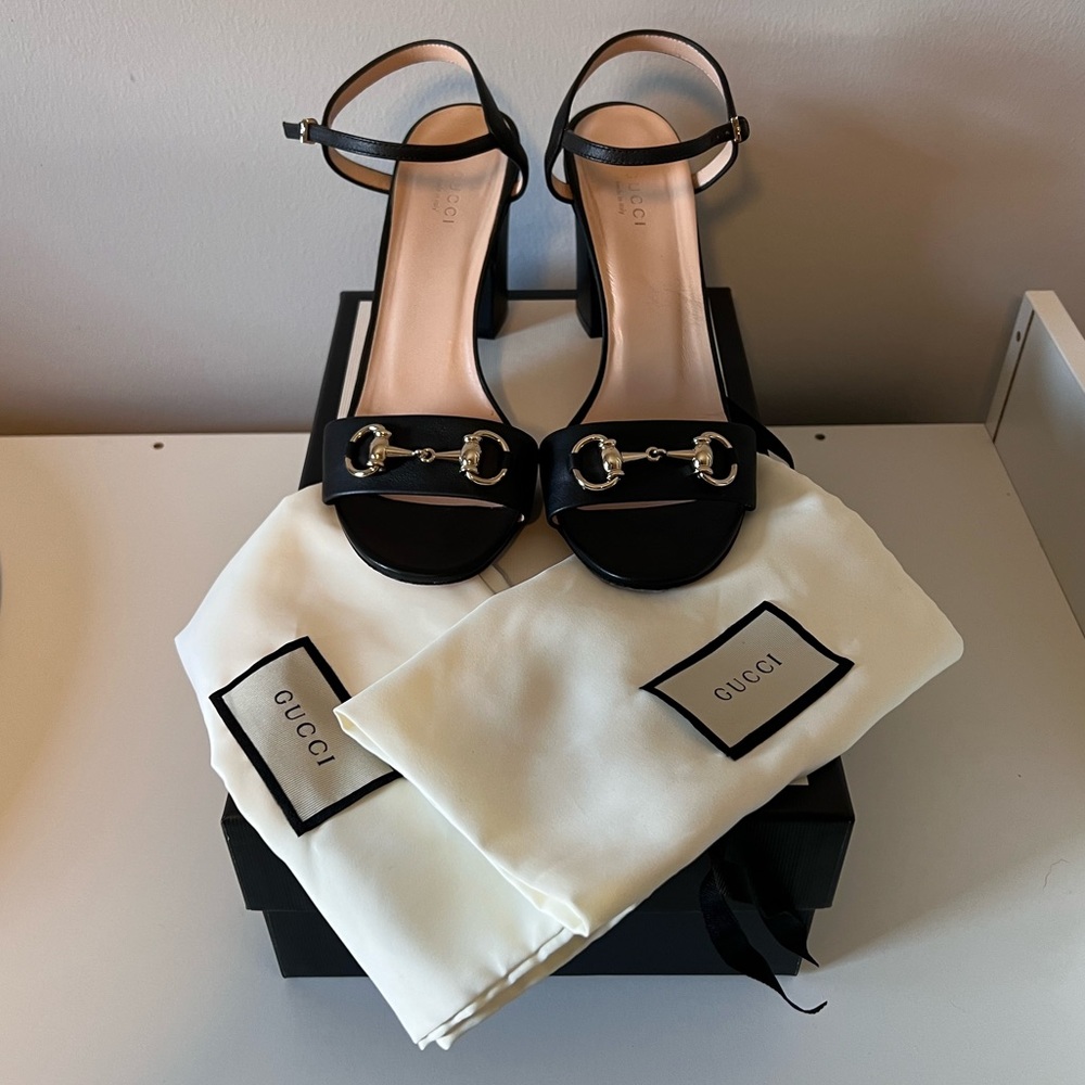 Gucci Miro Black Leather Horsebit Strap Block Heel Sandals - Picture 13 of 13